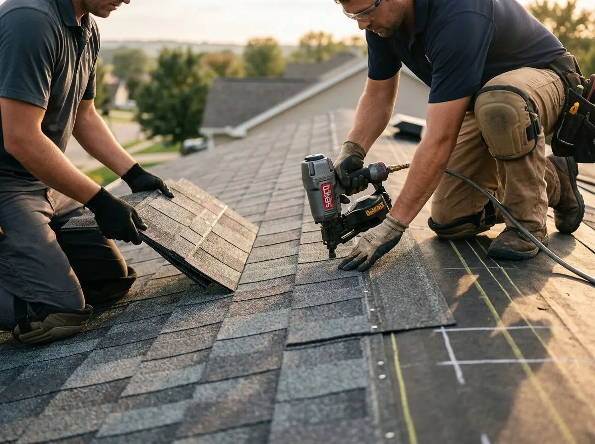 Professional roofer working on a residential roof in Salida del Sol Estates